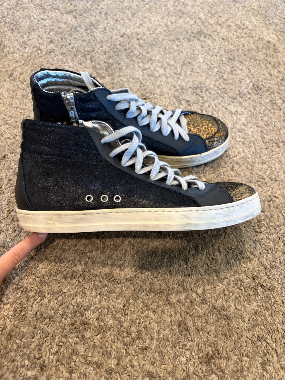 P448 Women's Black High-Top Sneakers with Metallic Gold Toe